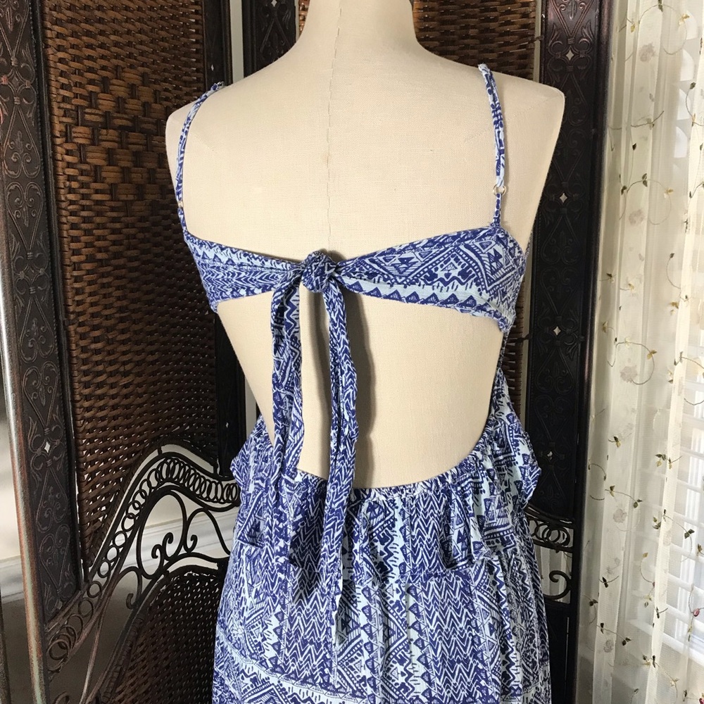 Blue Printed Asymmetrical V-Neck Summer Dress